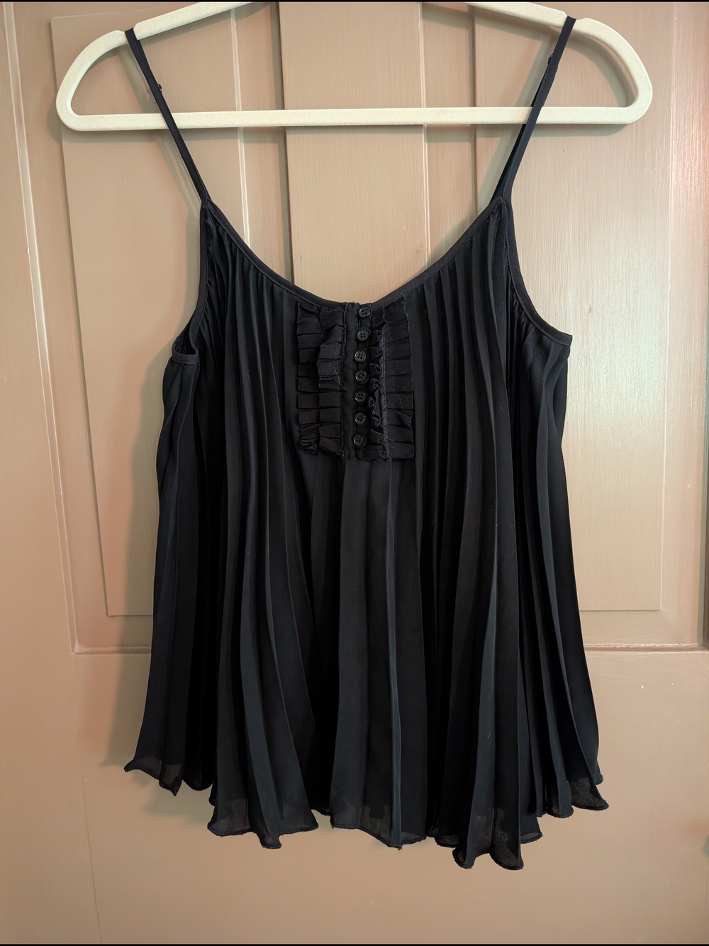 Free People Black Spaghetti Strap Pleated Tank Top With Buttons - Size Small